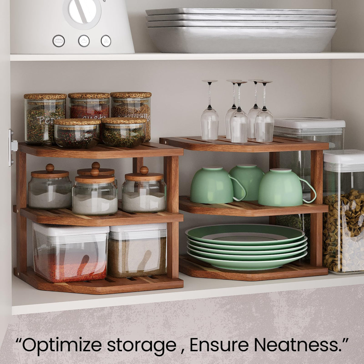 VERTORGAN 3 Tier Acacia Wood Corner Shelf(2 Pack),Dish Drying Rack,Plate Organizer,Kitchen Spice Rack for Countertop and Cabinet,Pantry Organization and Storage