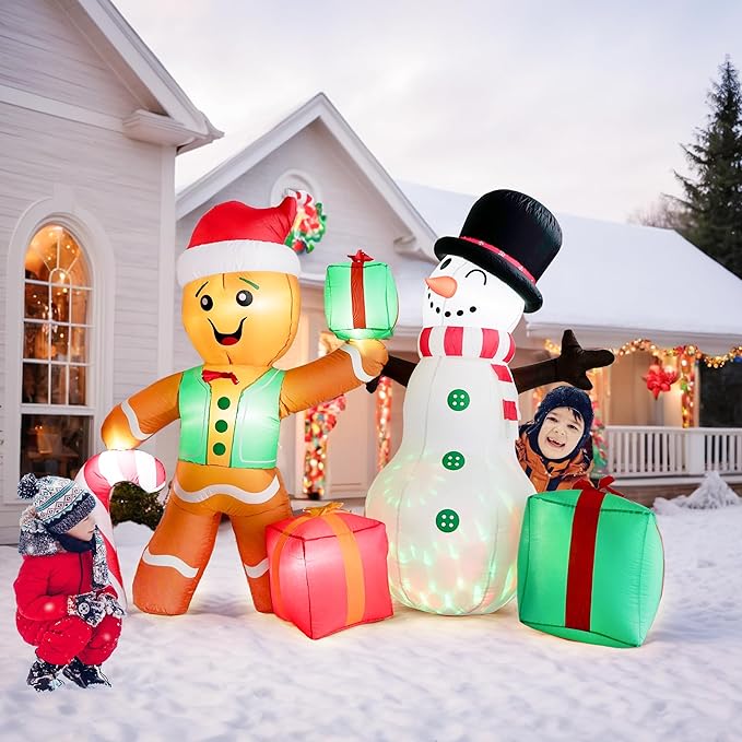 6FT Christmas Inflatables Outdoor Decorations, Giant Gingerbread Man & Snowman with Built-in Rotating LED Lights, Holiday Yard Decor for Lawn Garden Patio Party (Gingerbread Man Snowman)