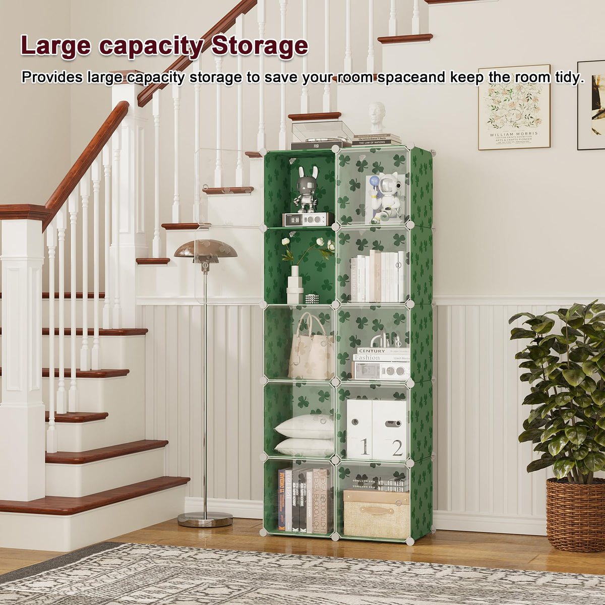 C&AHOME Cube Storage Organizer with Doors, 10-Cube Shelves, DIY Plastic Modular Bookshelf, Closet Clothes Storage Shelving Ideal for Bedroom, Living Room, Clover Embossed, Green