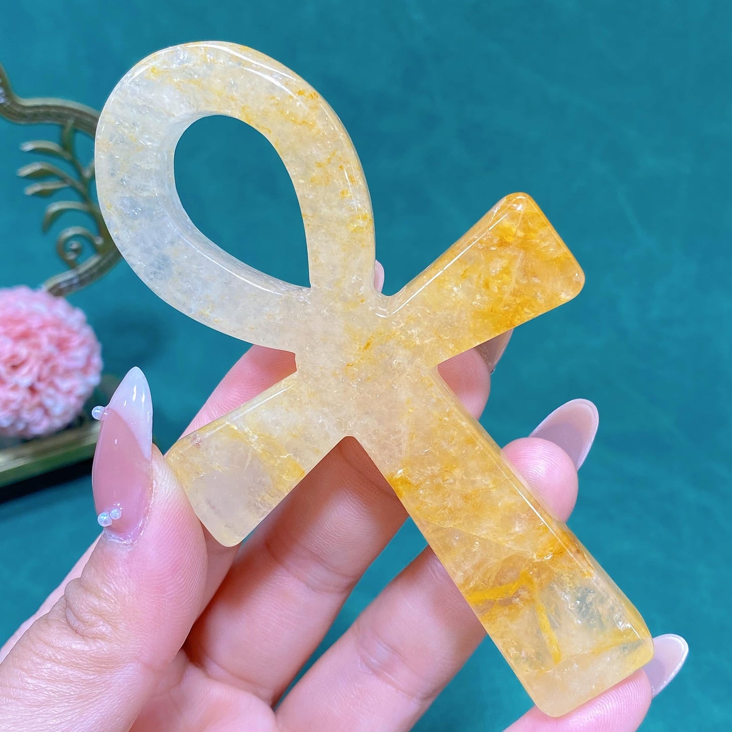 3.6" Natural Quartz,Hand Carved,Mineral Sample,Ankh Totem,Home Decor,Reiki Heal,Energy Crystal Gift (Yellow Hematoid Quartz)
