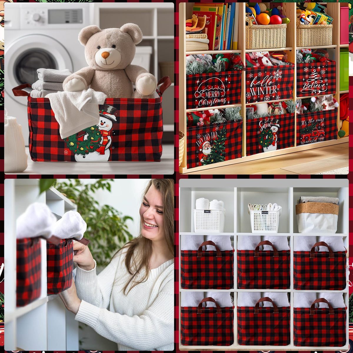 CHENGU 6 Pack Christmas Storage Basket Collapsible Christmas Basket for Gifts Buffalo Plaid Holiday Decor Large Snowman Bin Foldable Xmas Tree Box with Handle for Bedroom Office Home