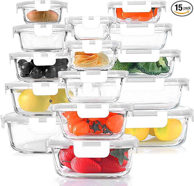 KOMUEE 30 Pieces Glass Food Storage Containers Set, Glass Meal Prep Containers