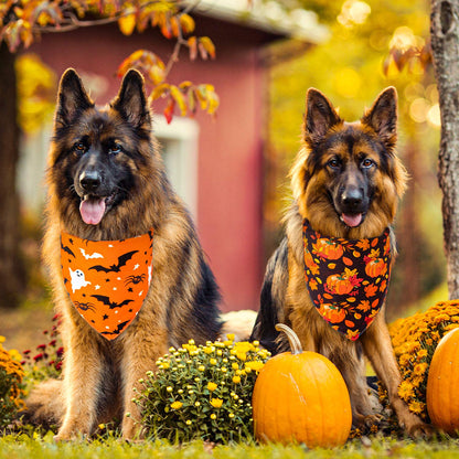 Whaline 4 Pack Fall Dog Bandanas Reversible Halloween Triangle Bibs Pumpkin Ghost Bat Pet Scarf Thanksgiving Washable Cotton Pet Neckerchief for Medium Large Pets Cats Dogs