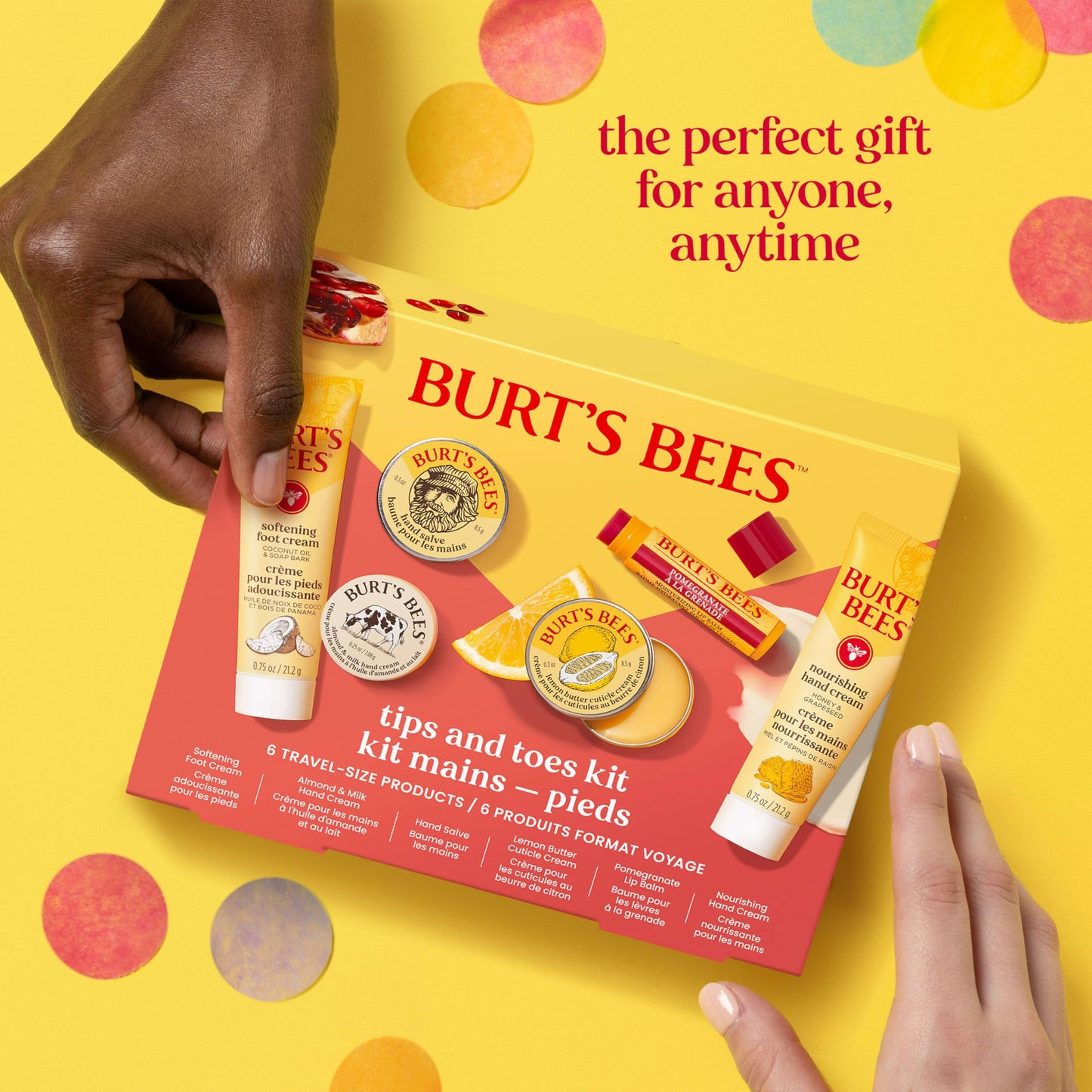Burt's Bees Christmas Gifts - Tips and Toes Kit, 6 Travel Size Products for Stocking Stuffers - Pomegranate Moisturizing Lip Balm, 2 Hand Creams, Foot Cream, Cuticle Cream, and Hand Salve