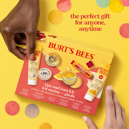 Burt's Bees Christmas Gifts - Tips and Toes Kit, 6 Travel Size Products for Stocking Stuffers - Pomegranate Moisturizing Lip Balm, 2 Hand Creams, Foot Cream, Cuticle Cream, and Hand Salve