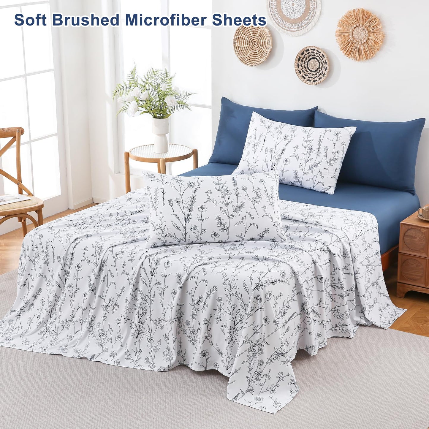 Swiftify Botanical King Size Sheets Set 6-Piece, Boho Floral Brushed Microfiber Sheets, Cooling Bed Sheet Set, Soft & Breathable, 16' Deep Pocket Fitted Sheet & Pillowcase Set, Sketch Meadow