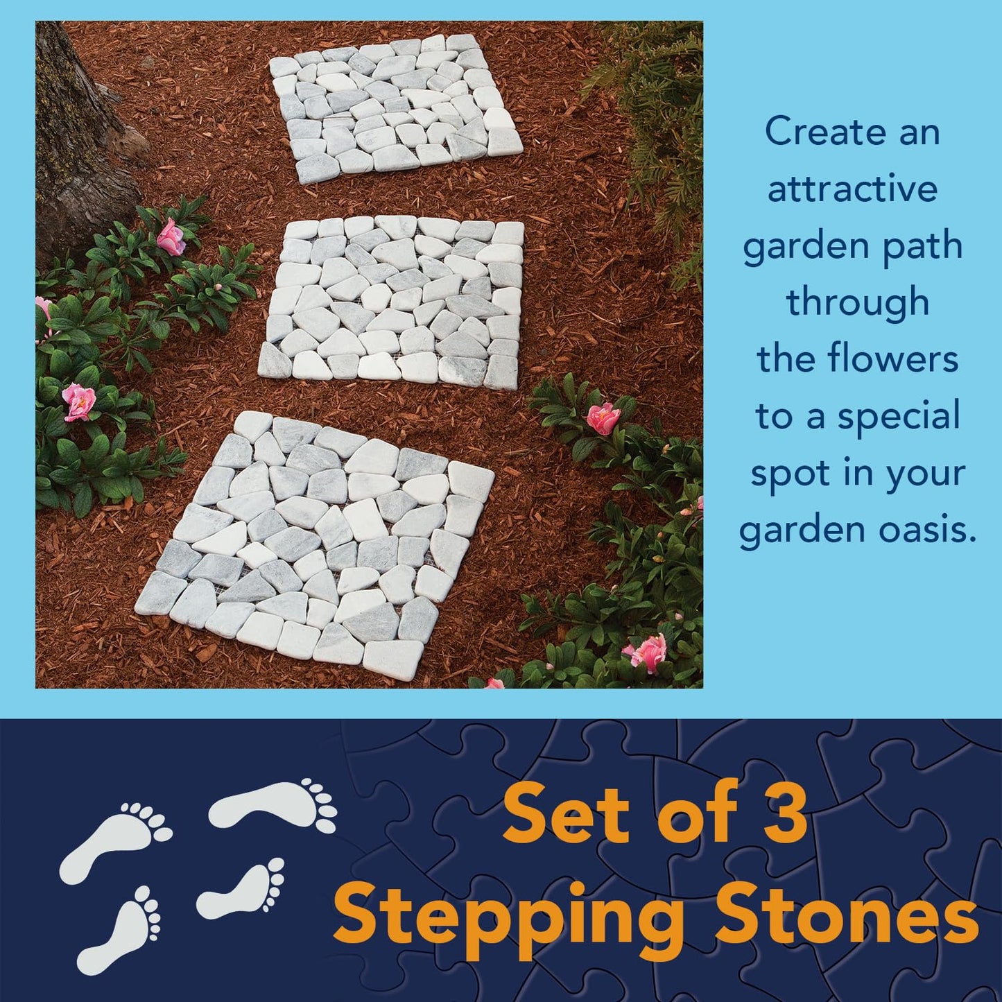 Bits and Pieces - Stepping Stones Outdoor Walkway - 12" Square Marble Landscaping Decorative Stepping Stones - Set of Three (3) - Backyard Decor Garden Pavers for Outside Walkway
