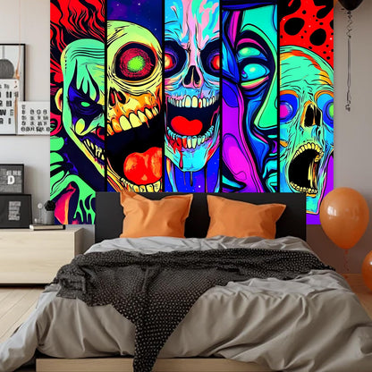 Apdidl Blacklight Halloween Horror Decor Tapestry for Bedroom, Black Light Posters Skull Face Scary Skeleton Funny Wall Art Tapestries，UV Reactive Glow in The Dark Party Wall Hanging for Living Room 51"X60"