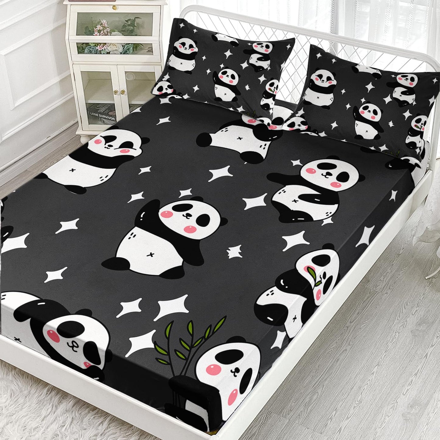 Ailonen Panda Bed Sheet Set, Twin Size - Cute Panda Kawaii Sheets, 1 Fitted Sheet, 2 Pillowcases