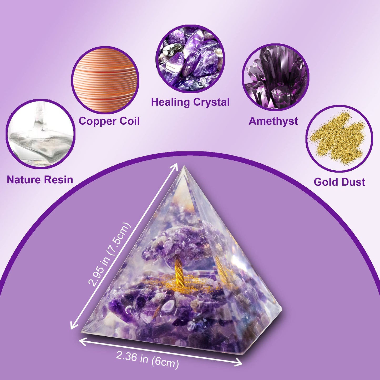 XQIGI Orgonite Amethyst Pyramid with Light Base for Healing Chakra Crystal Meditation Tree Life Stone Charged Energy Generator for Positive Success Growth Powerful Strength Prosperity Wealth (Sun)