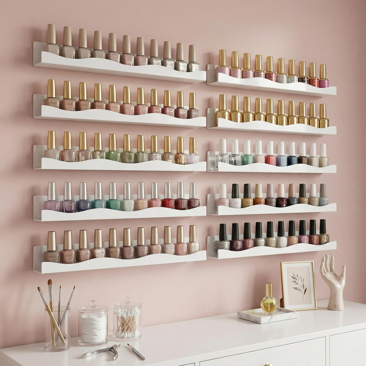 YMVV 15" Nail Polish Racks Wall Mounted Shelf,6 Pack White Acrylic Nail Polish Organizer Nail Supplies for Nail Techs,Great Display for Salons Retailers