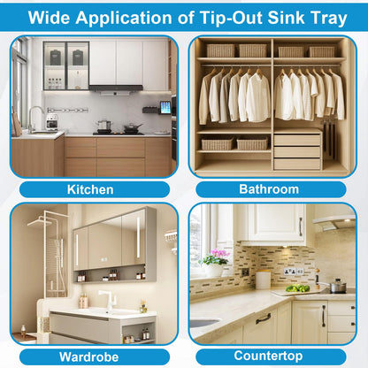 Upgraded 11" Tip-Out Plastic Sink Trays with Steel Hinges Kitchen Sink Tip Out Tray Kit, Pullout Organizer Cabinet Storage for Kitchen & Bathroom with 8 Mounting and 4 Screws, White (2 Pack)