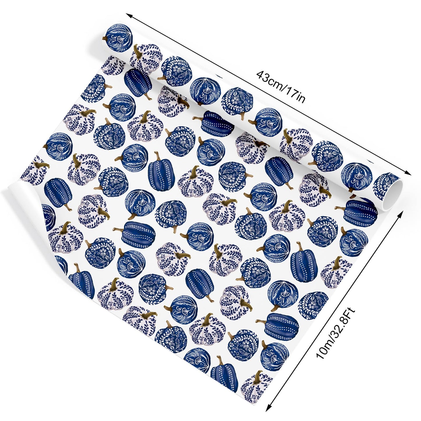 JarThenaAMCS Fall Porcelain Pumpkin Wrapping Paper -Mini Roll- 17 In x 32.8 Ft Chinoiserie Blue Pumpkin Gift Wrap Paper for Autumn Thanksgiving Birthday Party