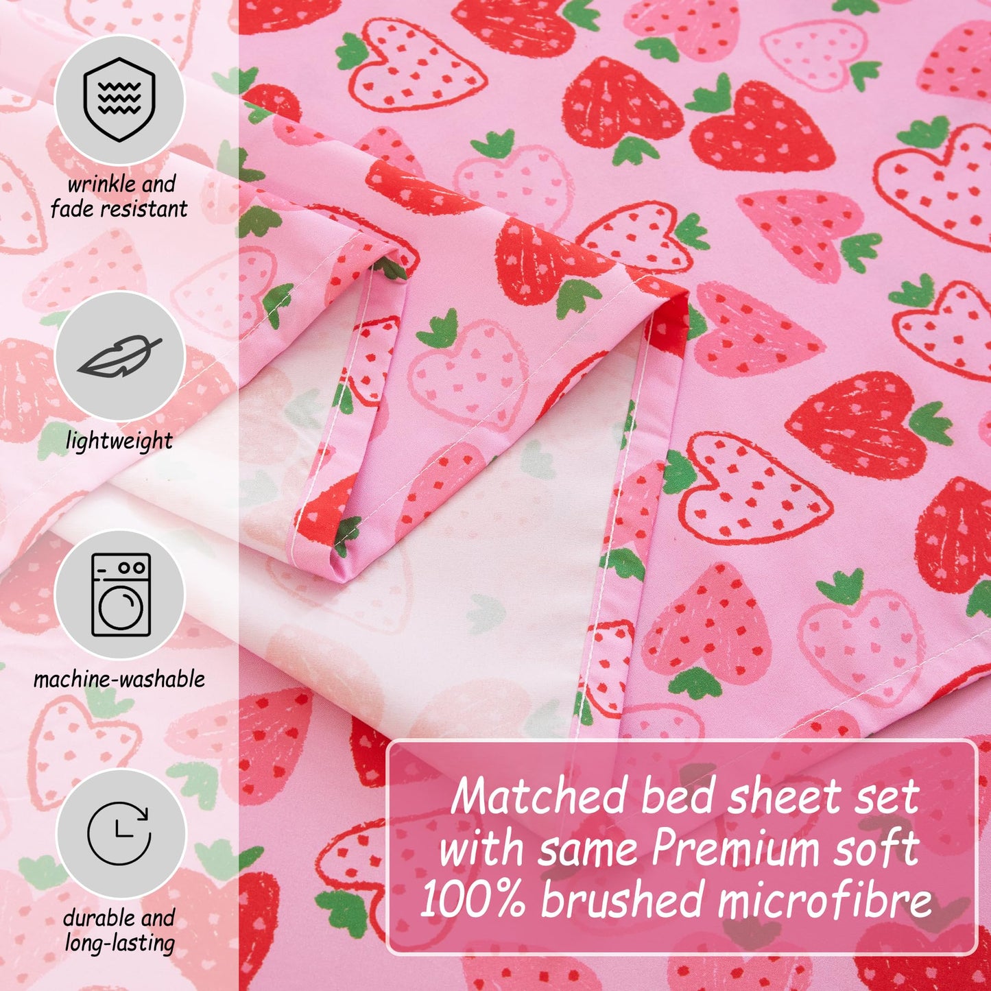 Softan Kids Bed Sheet Set, 3-Piece Twin Sheets Set, Microfiber Fitted Sheet with Corner Straps, Breathable & Silky Soft Pink Heart Strawberry Pattern Sheet and Pillowcase Sets
