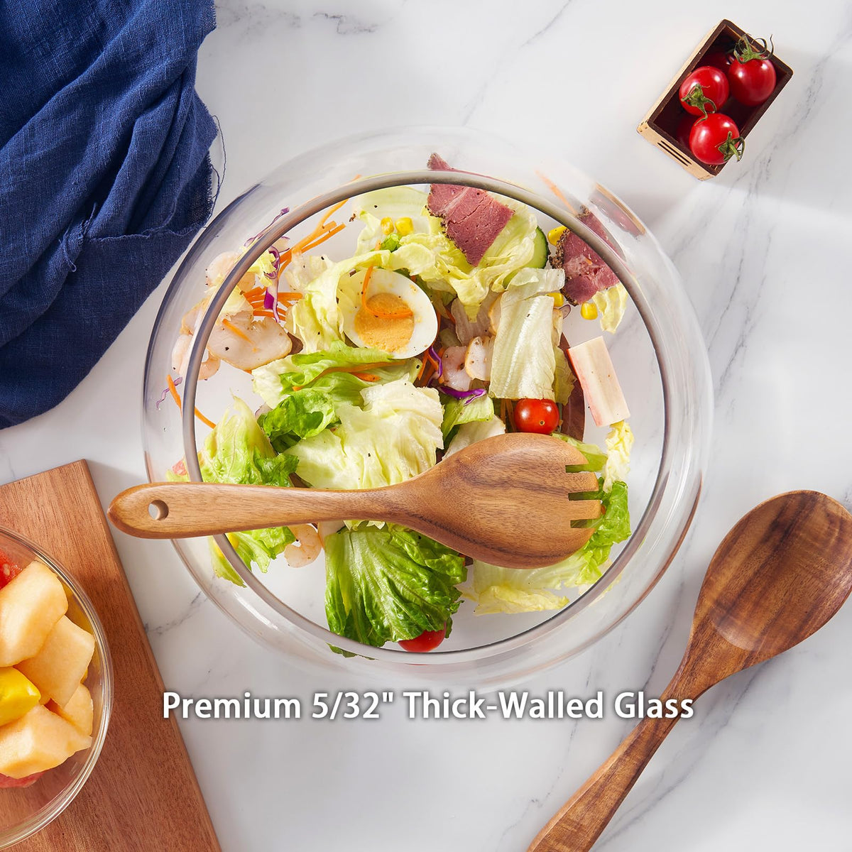 TREELF Large Glass Salad Bowl Set - 4.5 Quart Mixing Bowl With Acacia Wood Base And Serving Utensils, 5/32 Inch Extra Thick Wall, Decorative Fruit Bowl - Kitchen Must-Have