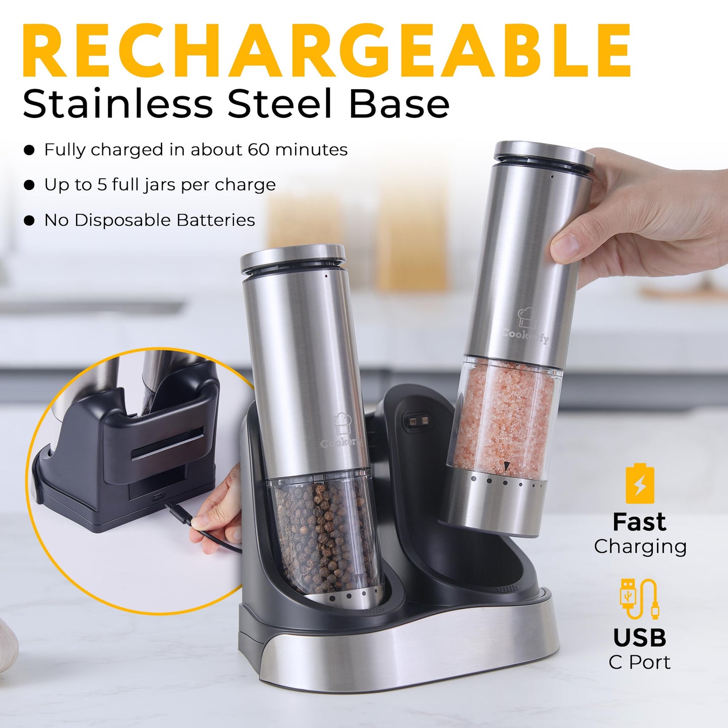 Electric Salt and Pepper Grinder Set Rechargeable Base, Stainless Steel Automatic Electric Salt and Pepper Shakers Set, Led Light, 95ml Capacity Refillable, 6 Coarseness Levels. Kitchen Accessories