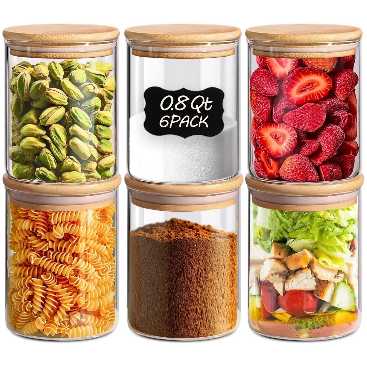 ComSaf 0.8 Qt Glass Food Storage Jars Set of 6, Clear Glass Storage Containers with Lids, Pantry Organization Jar, Spice Jar, Blooming Tea, Coffee and Sugar Container, Small Canister Set for Kitchen