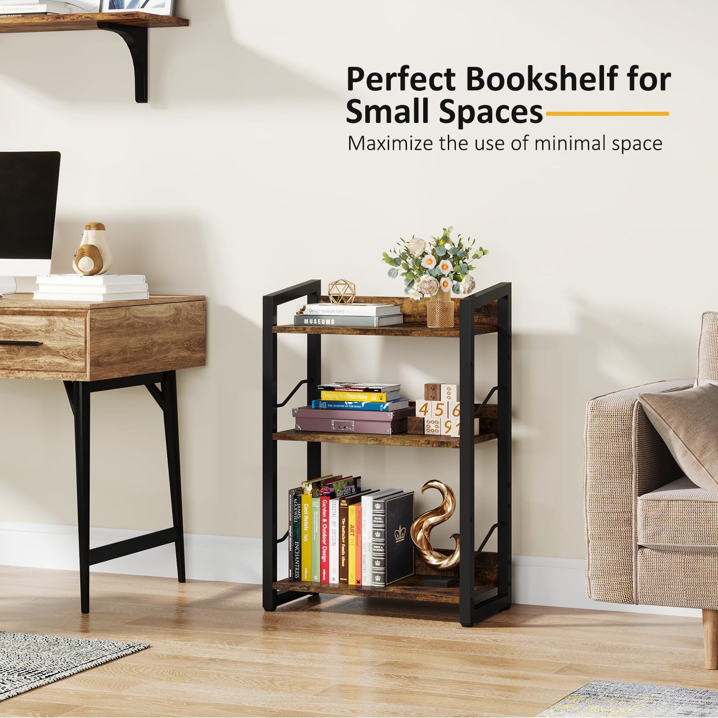 Hosfais Book Shelf Small Bookshelf: 3-Tier Wood Bookcase Industrial Bookshelf with Edge Protection Metal Narrow Bookcase Storage Organizer Display Rack for Bedroom Home Office (Rustic Brown)