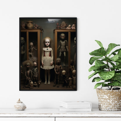 Creepy Doll Collection Art Poster Print, Haunted Scary Spooky Halloween Wall Art Painting Decor Gallery 29 (Creepy Doll Collection, 14" L x 11" W, Black Frame)