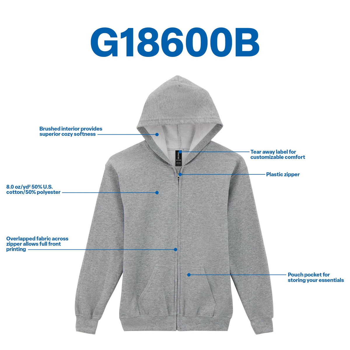 Gildan Youth Full Zip Hoodie Sweatshirt, Style G18600B, Black, X-Large