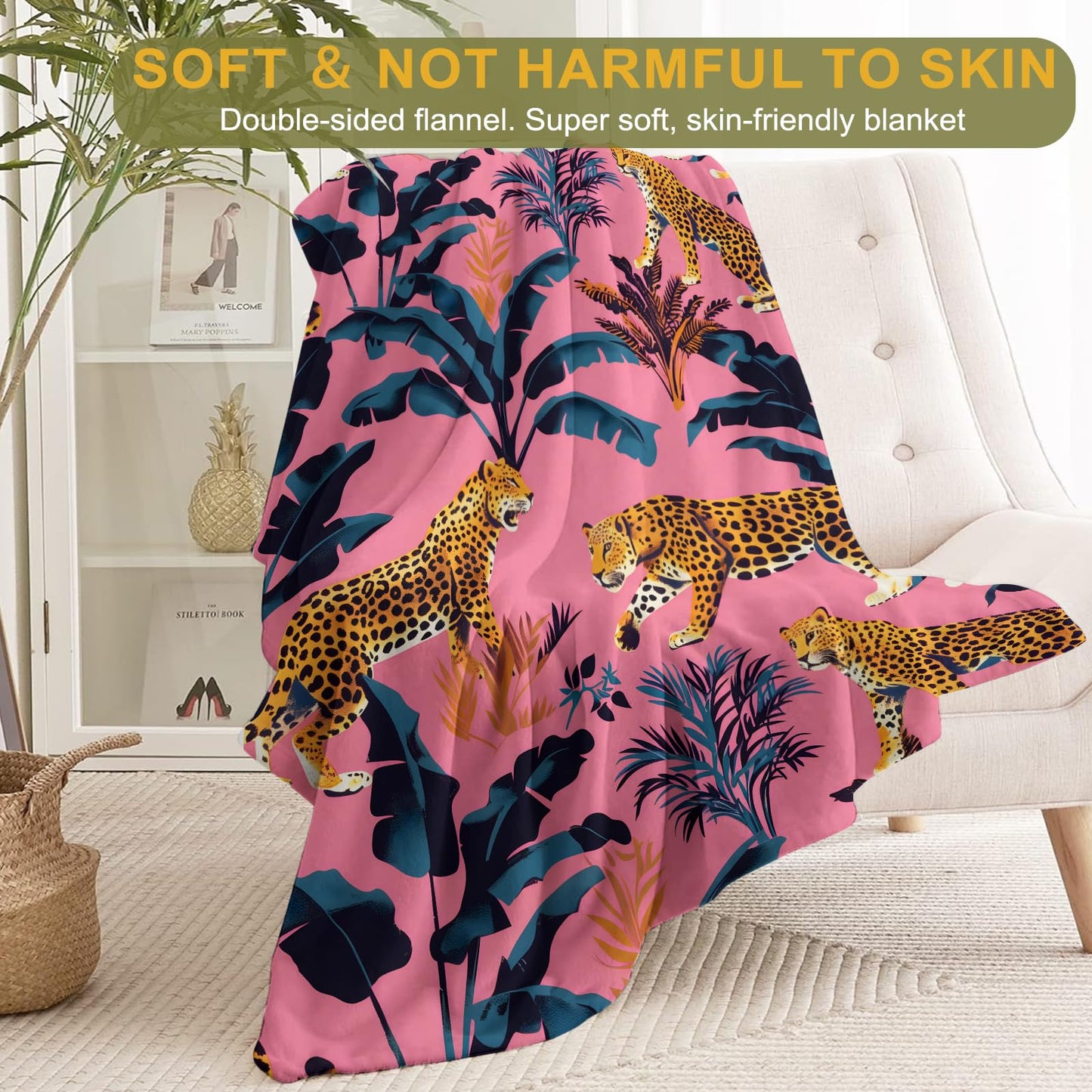 ainori Leopard and Tropical Leaves Flannel Blanket - Lightweight Soft Cozy Unique Gifts Blankets for Jungle Lovers,Kids,Adult,Women,Vibrant Pink Art Throw,Home Room Modern Decor 50x60in