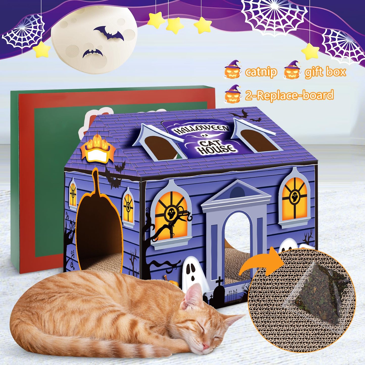 Tailtastic Halloween Cardboard Cat House Playhouse with 2 Scratching Pads & Catnip - Indoor Cat Scratcher Hideaway for Kittens & Cats (14"x14"x13")