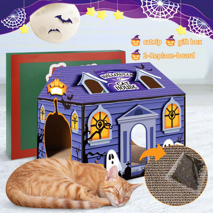 Tailtastic Halloween Cardboard Cat House Playhouse with 2 Scratching Pads & Catnip - Indoor Cat Scratcher Hideaway for Kittens & Cats (14"x14"x13")