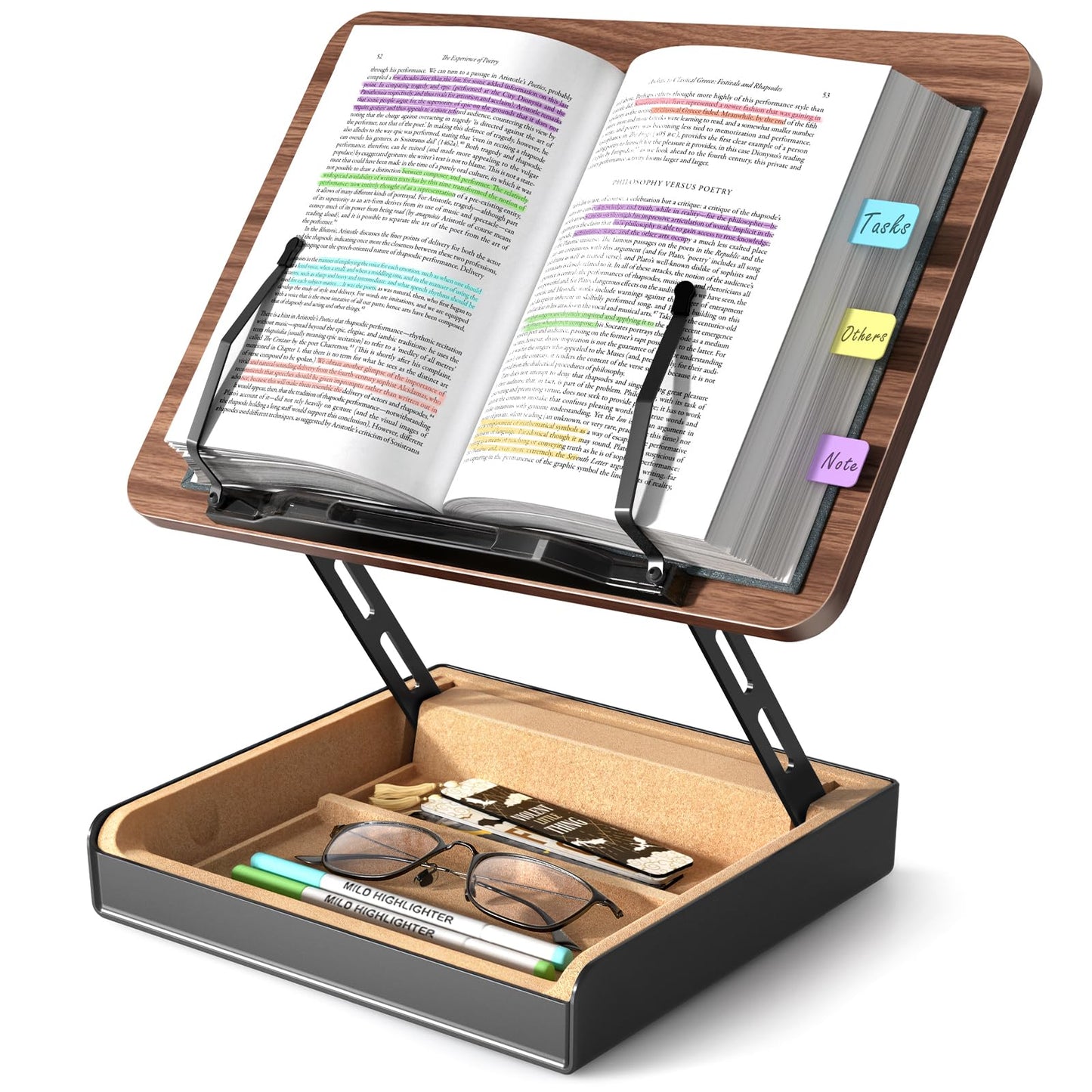 HUMANCOZY Book Stand with Storage, Book Holder for Reading Hands Free, Wooden Cookbook Stand for Kitchen Counter, Adjustable Reading Stand for Desk, Recipe Stand, Book Prop for Book Lovers
