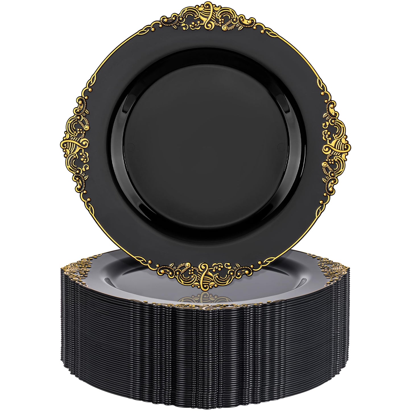 Nervure 100PCS Black and Gold Plastic Plates - 10.25Inch Black Disposable Plates - Black Plastic Dinner Plates for Wedding & Party & Halloween