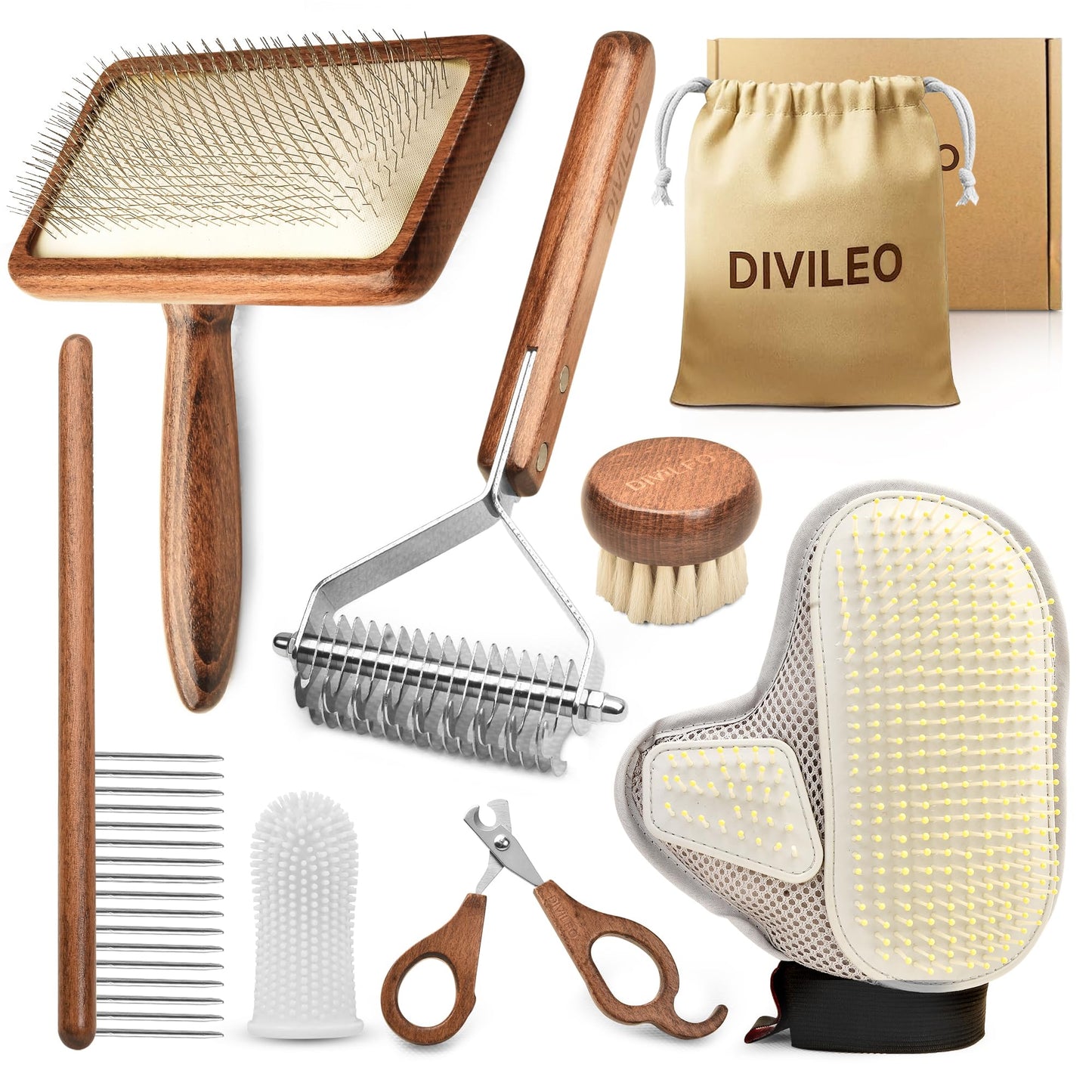 DIVILEO Premium Waterproof Pet Grooming Kit for Dogs & Cats – Wooden Handle Slicker Brush, Deshedding Comb & Nail Clipper – Professional Dog Grooming Supplies Set with Canvas Pouch | USA Brand