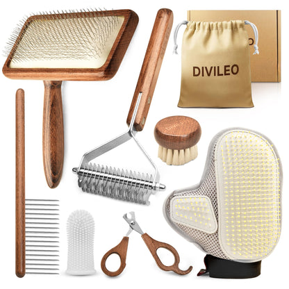 DIVILEO Premium Waterproof Pet Grooming Kit for Dogs & Cats – Wooden Handle Slicker Brush, Deshedding Comb & Nail Clipper – Professional Dog Grooming Supplies Set with Canvas Pouch | USA Brand