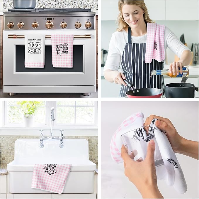 R HORSE Cute Pink Kitchen Towel Set 5Pcs Pink Check Kitchen Dishcloth Absorbent
