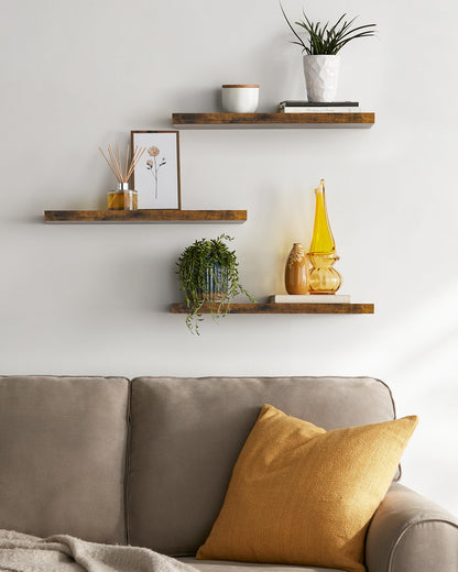 BAYKA Floating Shelves for Wall, Set of 3, 22.5 Inch Rustic Wood Wall Mounted Shelving for Bathroom, Bedroom, Living Room or Kitchen, Hanging Display Decor Book Shelf with 22 lbs, Rustic Brown