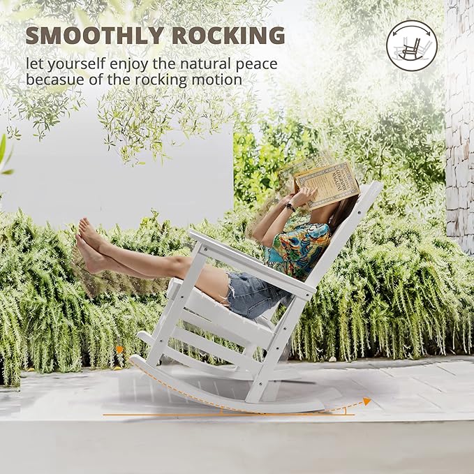 LUE BONA Outdoor Rocking Chairs Set of 4, Weather Resistant HDPS Poly Rocker Chairs, 350lb Heavy Duty, Oversized Porch Rocker for Adult, High Back Smooth Rocking Chairs for Outdoor & Indoor, White