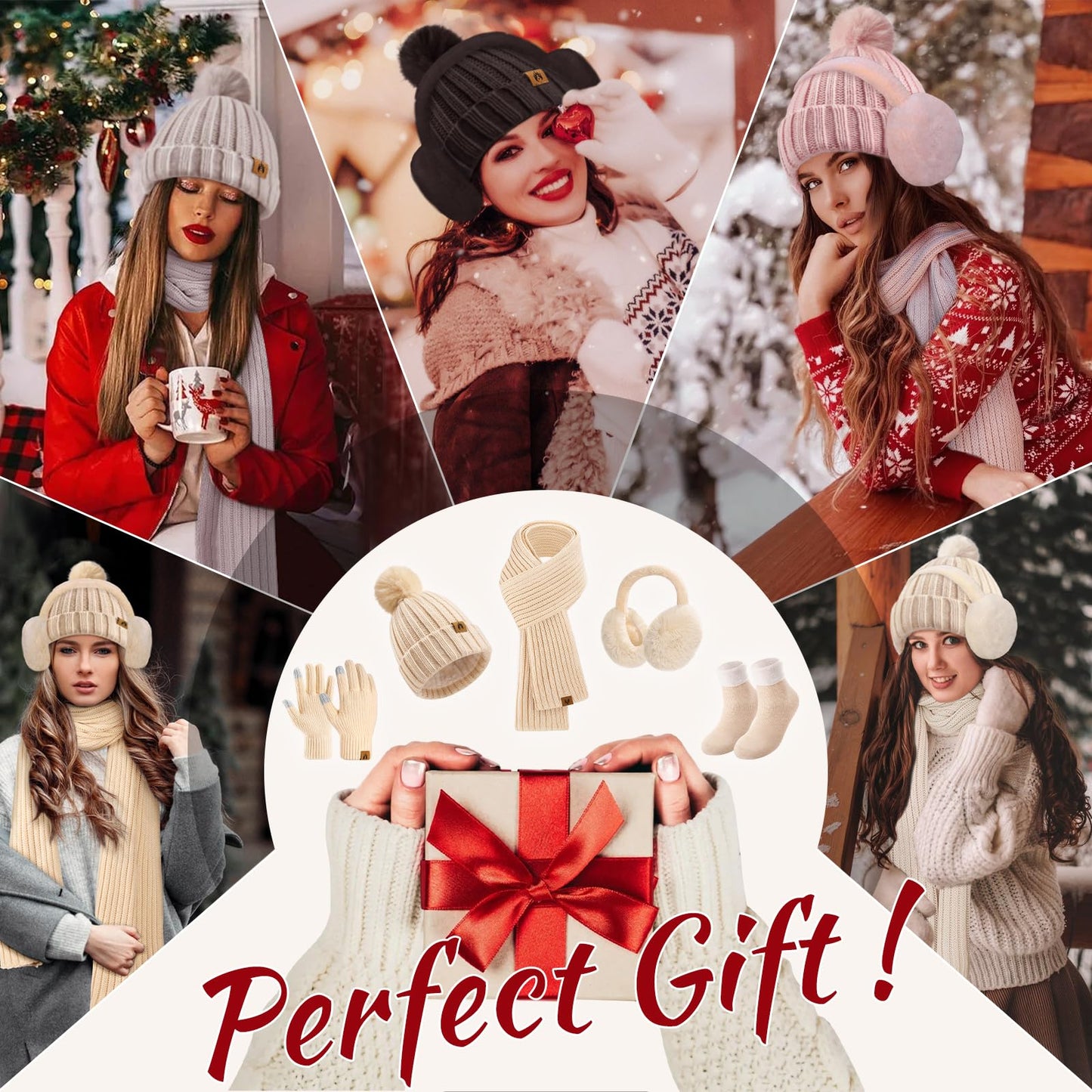 UMIPUBO Winter Beanie Hats Long Scarf Touch Screen Gloves Fuzzy Socks Warm Ear Muffs 5pcs Set for Women Winter Ski Outing Set