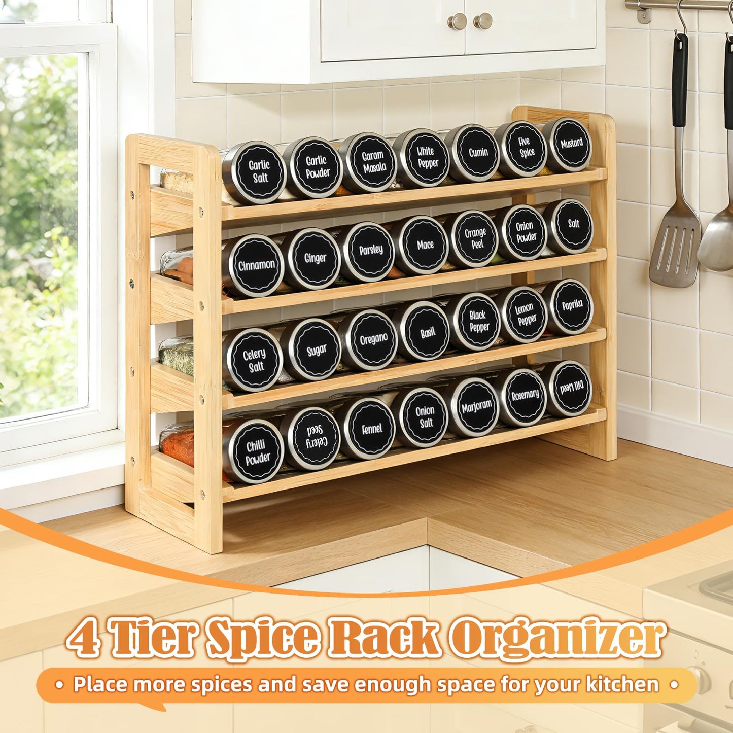 Tfro & Cile Spice Rack Organizer 4-Tier Bamboo Countertop Seasoning Organization for Cabinet Pantry Organizers for Kitchen