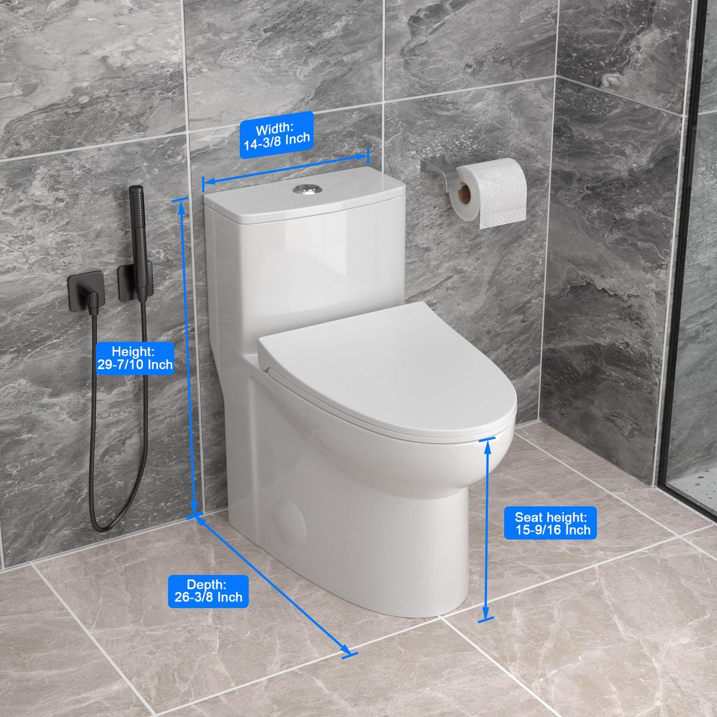 Donsdey Compact One Piece Toliet- Compact Toilet with 15.5'' Standard Seat Height Powerful Dual Fulsh Water Saving 1000g MAP ＆ 1.1/1.6 GPF 12'' Rough-in White Glossy Ceramic Toilets Bowl