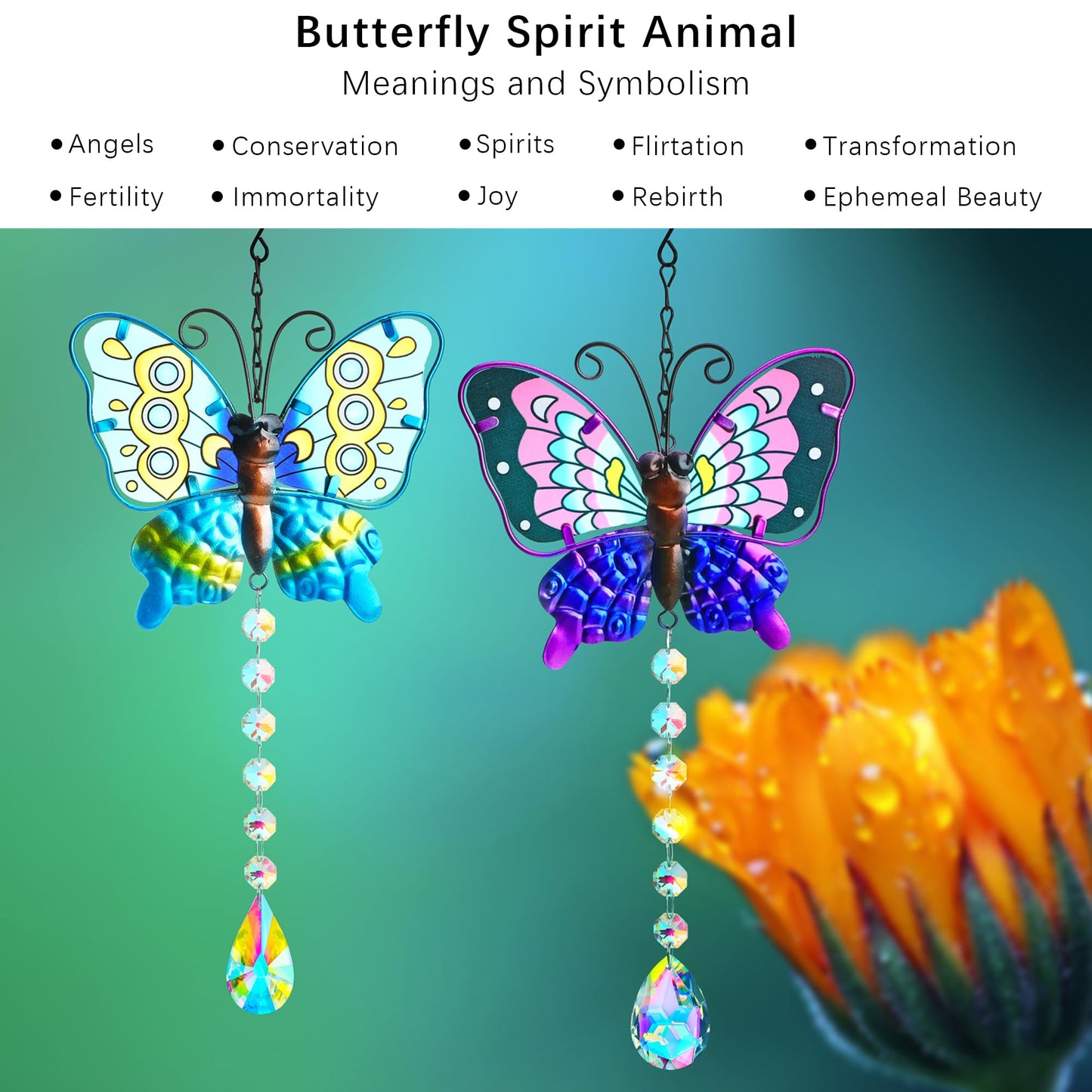 Set 2 Metal Butterfly Suncatchers for Windows - 14" Outdoor Fence Wall Art Decor, Rainbow Prisms Sun Catchers with Crystals Hanging for Home Garden Ornament for Christmas Tree