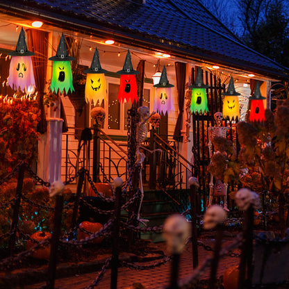 Twinkle Star Halloween 8 Pcs Lighted Hanging Witch Ghost Hats Decorations, Halloween Indoor Outdoor Remote Control String Lights 8 Lighting Modes, Glowing Witch Hat for Garden, Yard, Tree