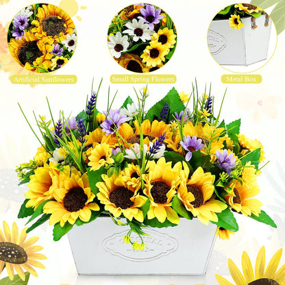 Scawim Pre-made Sunflower Centerpieces for Tables, Farmhouse Artificial Sunflowers Centerpieces in Pot Fake Sunflowers Arrangement for Home Decor, Rustic Potted Greenery for Wedding Party Kitchen Room