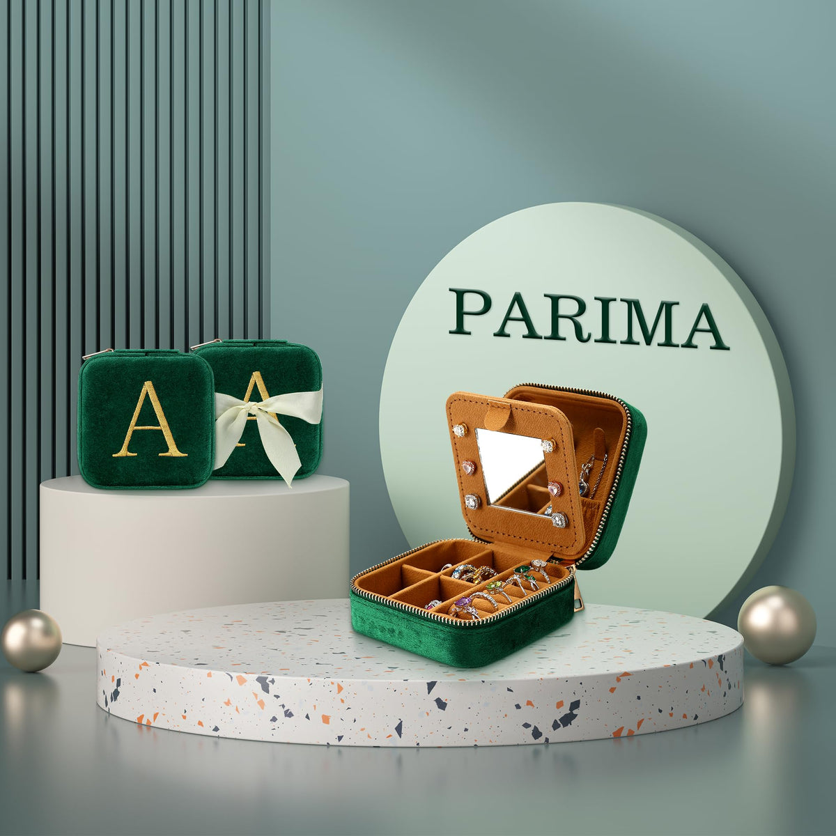 Parima Mothers Day Gifts for Mom - Gifts for Women, Plush Velvet Travel Jewelry Case, Small Jewelry Box, Birthday Gift for Women Her, Personalized Gift - Letter A, Green