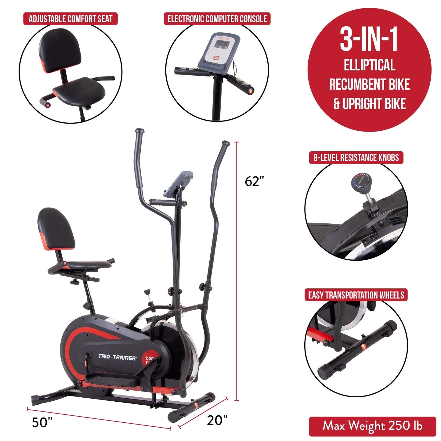 Body Power 3-in-1 Exercise Machine, Trio Trainer, Elliptical and Upright/Recumbent Bike