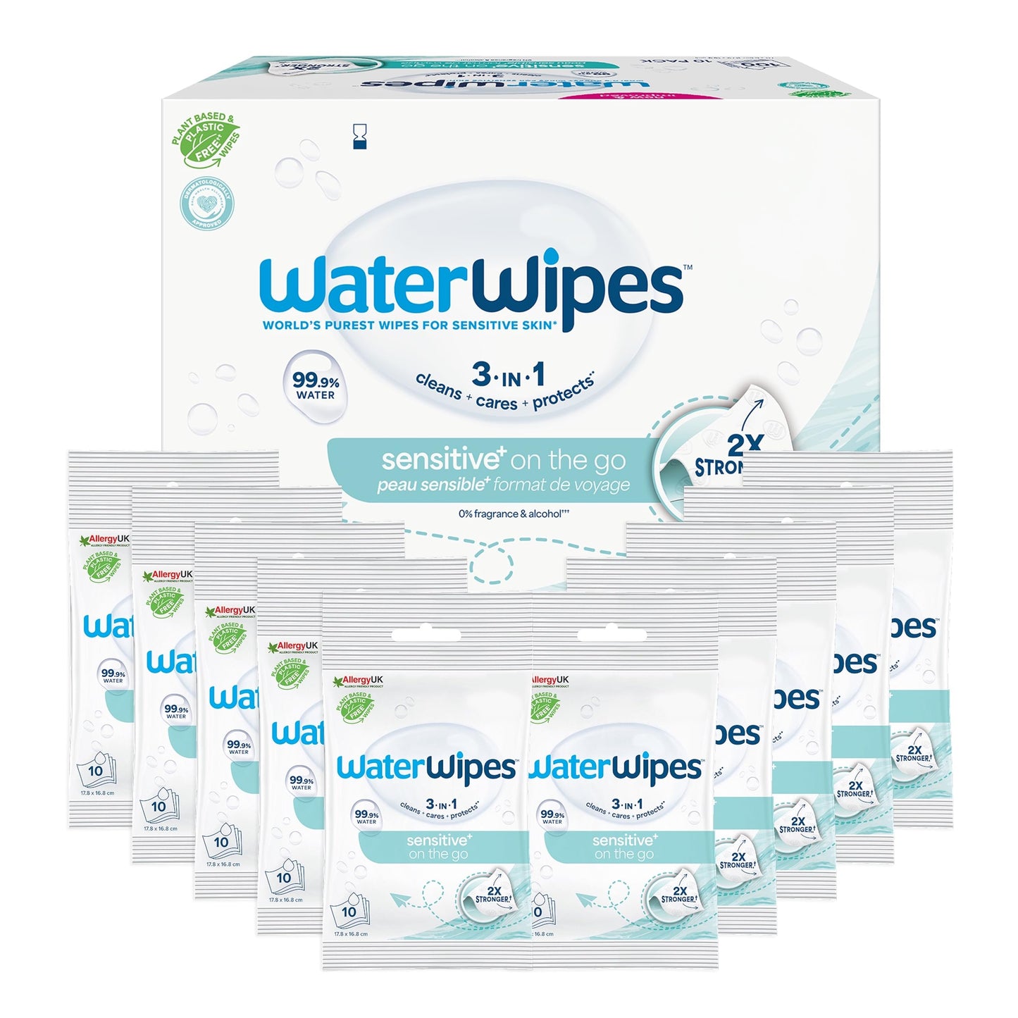 WaterWipes Sensitive+ On The Go Wipes, 100 Count (10 Packs), 3-In-1 Cleans, Cares, Protects, 99.9% Water, Unscented Wet Wipes