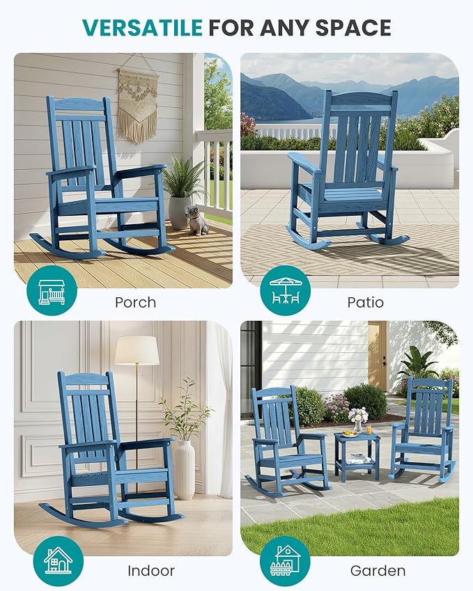 SERWALL Rocking Chairs Set of 2, HDPE Outdoor Rocking Chair, All-Weather Porch Rockers for Patio, Blue