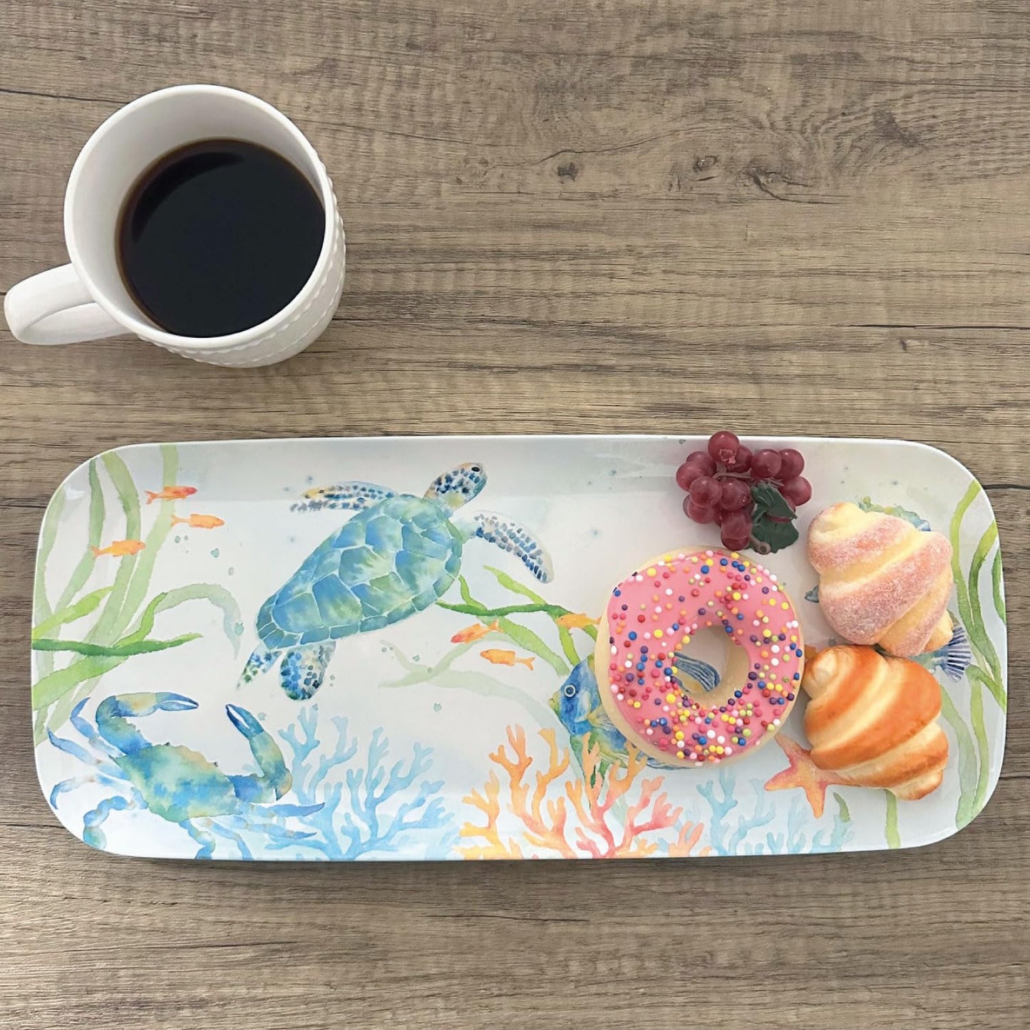UPware Sea Life Serenade Melamine Serving Tray, 15 x 6.5 Inch Rectangular Serving Platter, BPA Free Food Tray for Party Entertaining