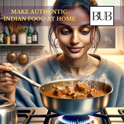 Bub: Large 22cm Premium Spice Tin Masala Dabba | 9 Spice Jars with Individual Lids | Holds 12 Spices | Polished Stainless Steel with Serving Spoon & Clear Acrylic Lids | Spice Box (SPICE TIN 9)