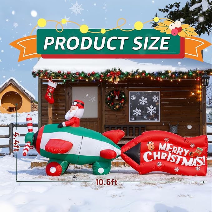 10.5FT Christmas Inflatables Santa on Airplane with Rotating Propeller & LED Lights, Blow Up Outdoor Indoor Decor for Christmas Yard Garden Party