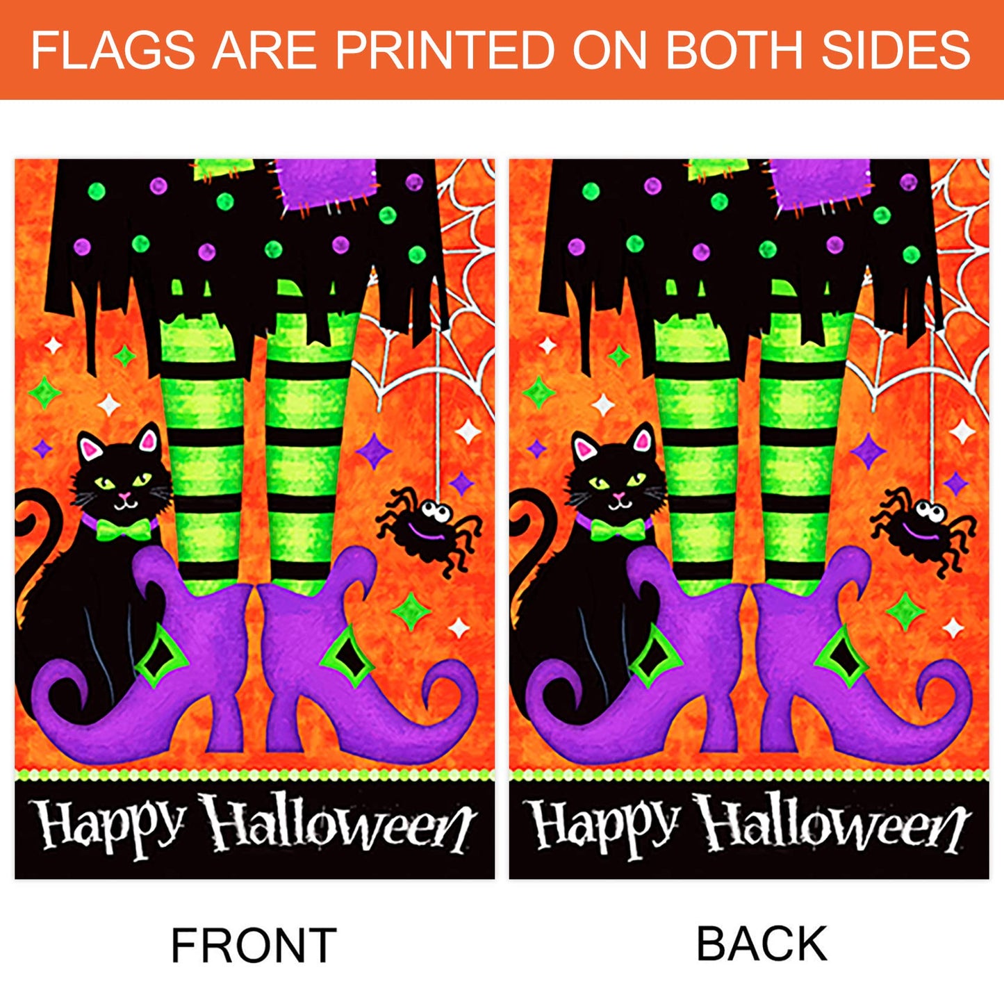Morigins Trick Or Treat Witch Feet 28 x 40 Black Kitty Spider Decorative Happy Halloween Double Sided House Flag