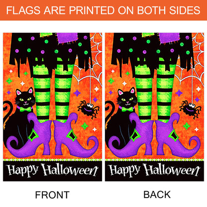Morigins Trick Or Treat Witch Feet 28 x 40 Black Kitty Spider Decorative Happy Halloween Double Sided House Flag