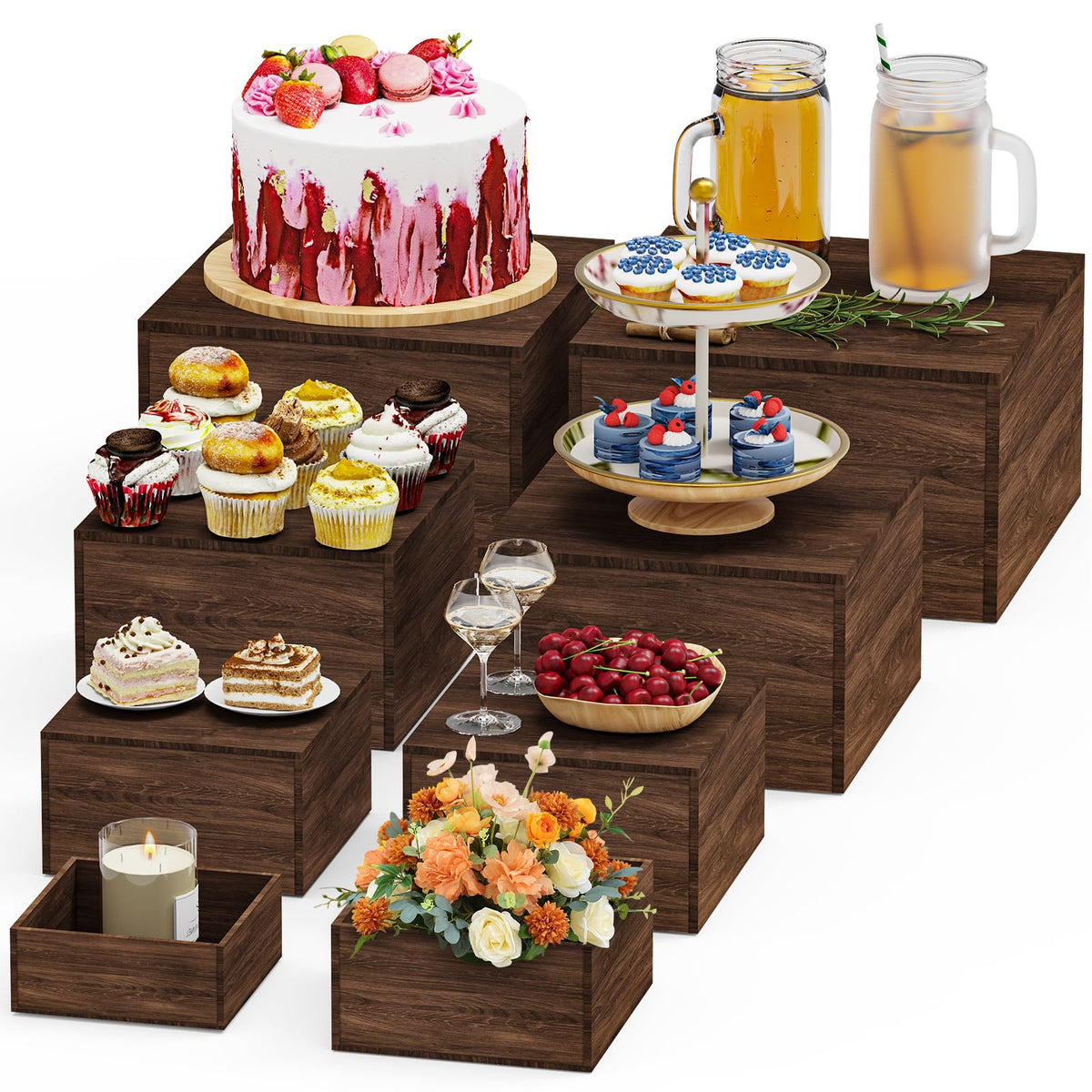VANITURE 8 PCS Wooden Buffet Risers, Rustic Wood Cake Stands, Food Risers for Buffet & Dessert Table Display, Nesting Wooden Crates for Catering, Wedding, Party, Home Decor